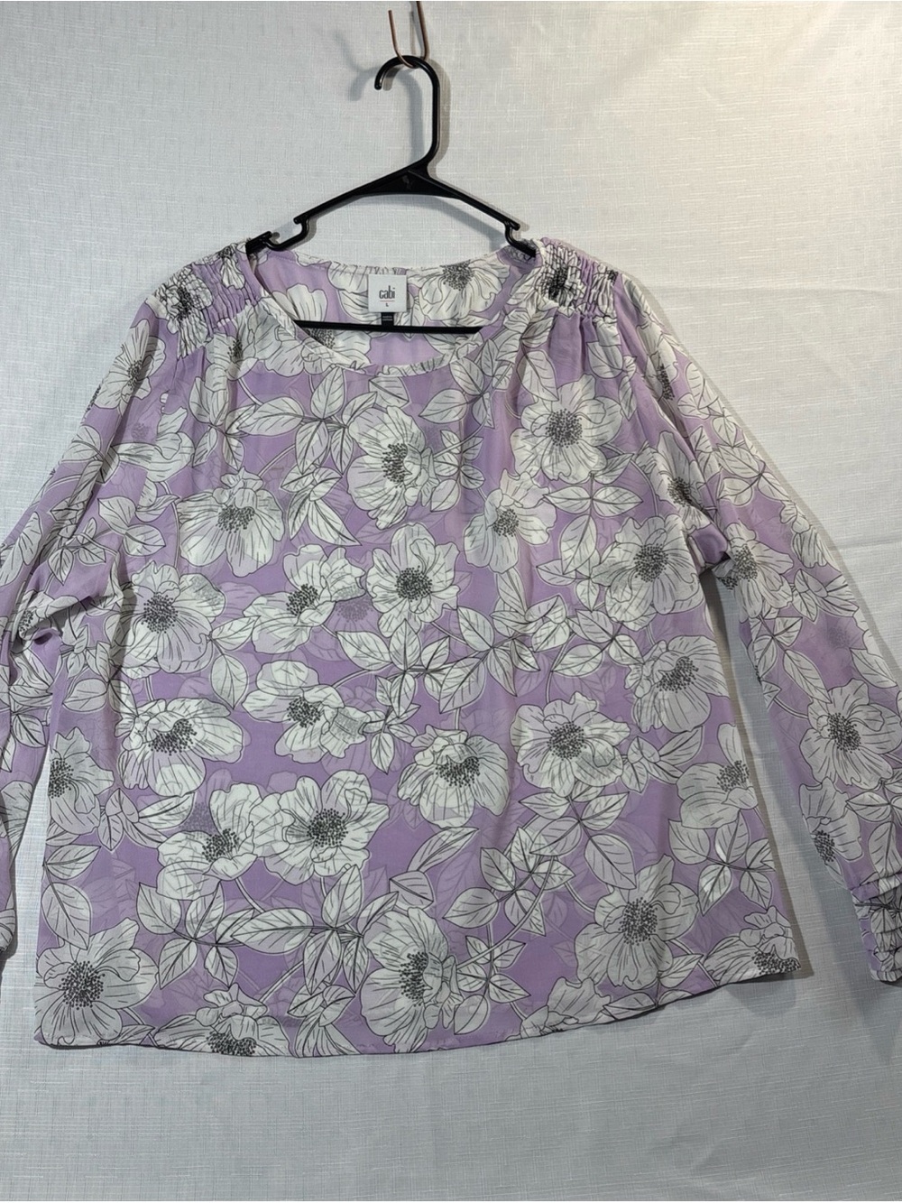 Cabi Women’s L Purple Sheer Ruched Shoulder Longsleeve Blouse